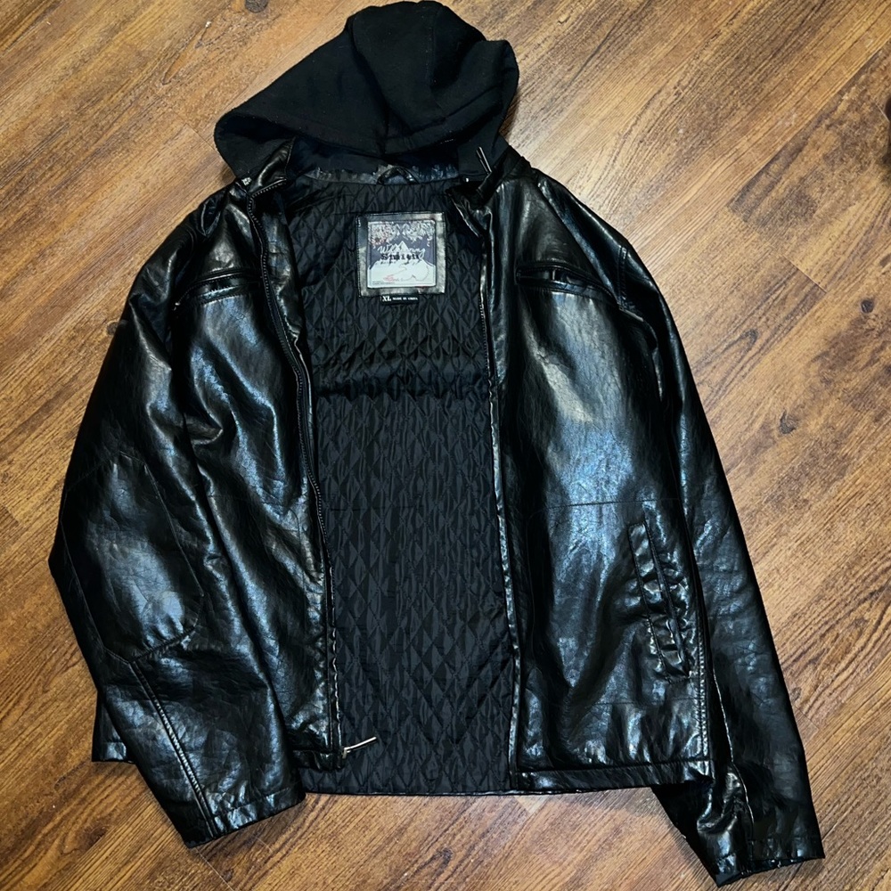 Whispering Smith Vintage Black Leather Zip Up Jacket Hood Quilted Lining Size XL - Picture 2 of 14